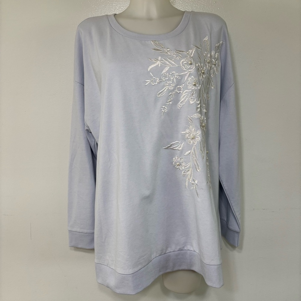 Lane Bryant Plus Size Baby Blue Embroidered Floral Top W/ Pearl Embellishments